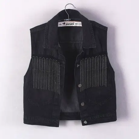 牛仔马甲女短款背心宽松春秋新款大码无袖外套显瘦外搭流苏链子黑商品大图