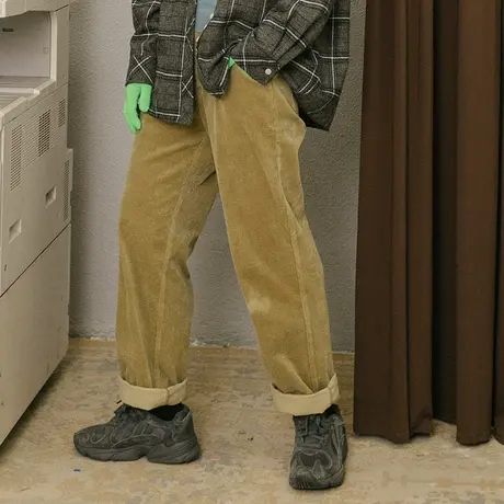 omont蛋挞家 复古宽松加厚条绒灯芯绒休闲裤女高腰直筒裤长裤秋冬图片