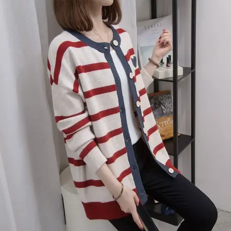 圆领针织开衫女2023秋冬新款宽松慵懒风外穿上衣外搭条纹毛衣外套图片