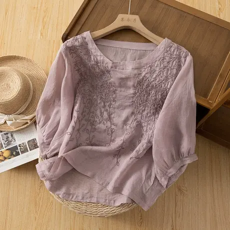 享永子五分袖刺绣宽松苎麻上衣女文艺复古棉麻小衫薄款2023新款夏商品大图