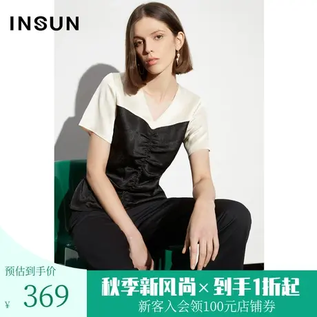 恩裳COVER2023夏装新款时尚撞色设计前中抽褶缎面肌理不易皱上衣商品大图