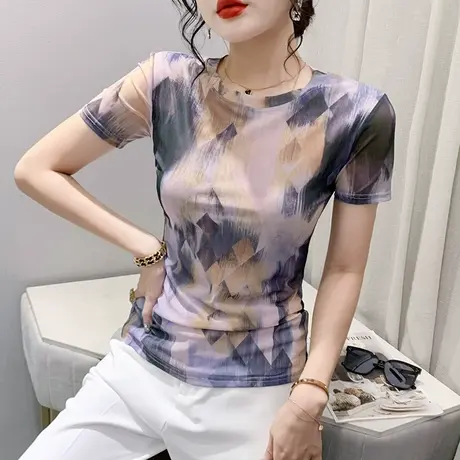 漂亮扎染印花T恤女短袖洋气修身圆领小衫性感网纱上衣别致体恤夏商品大图