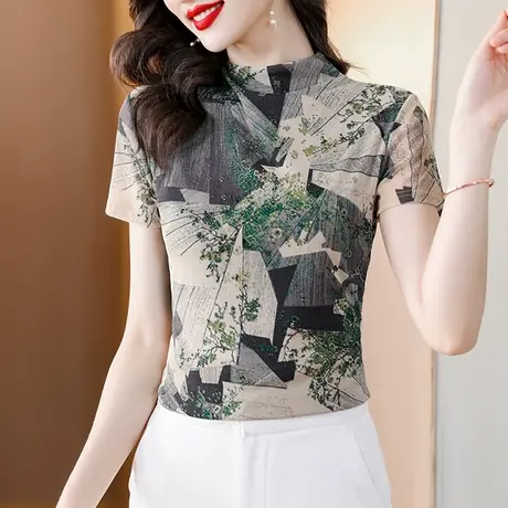 复古印花短袖T恤女2023夏季新款气质网纱上衣时尚修身立领小衫ins商品大图