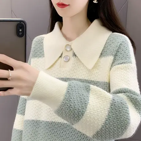 冬季娃娃领女士毛衣秋冬2023年新款设计感小众条纹宽松针织打底衫商品大图