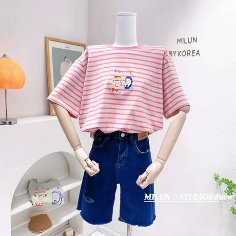 韩国东大门设计感上衣2023夏款ins原宿港风粉色条纹短袖小个子T恤商品大图