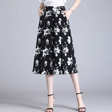 印花裙裤七分裤女夏薄款2023新款高腰宽松阔腿裤大码显瘦休闲裤裙商品大图