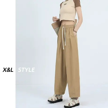 卡其色休闲裤女秋2023年新款早秋高腰显瘦松紧腰百搭哈伦老爹裤子商品大图