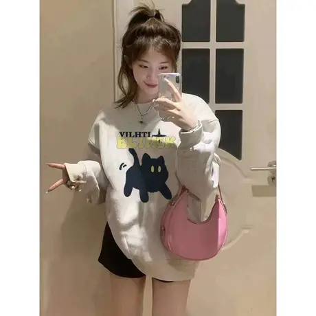 美式复古oversize卫衣女春秋薄款宽松慵懒风小个子高级感上衣外套商品大图