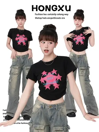 红续夏季刺绣星星字母正肩短袖T恤女纯棉日系甜辣风修身短款上衣商品大图