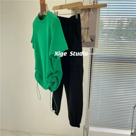 韩国设计感侧边抽绳T恤女2021夏季新款简约纯色圆领垫肩短袖体恤图片