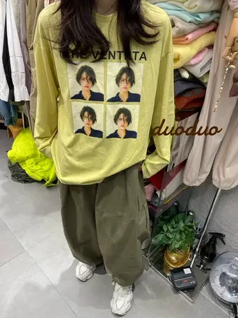 2023春秋装新款圆领字母女孩图案宽松长袖T恤百搭打底衫上衣女潮图片