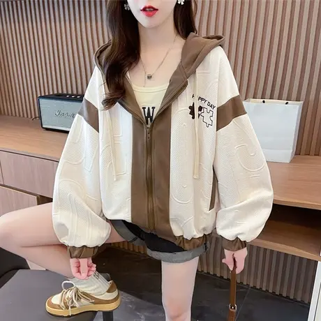 早秋装外套女春秋季韩版宽松大码薄款撞色连帽小个子短款开衫卫衣商品大图