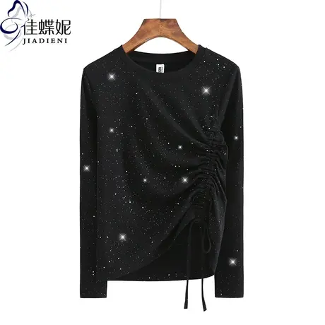 春秋新款圆领纯棉烫金抽绳修身长袖时尚女装上衣百搭款体恤打底衫商品大图