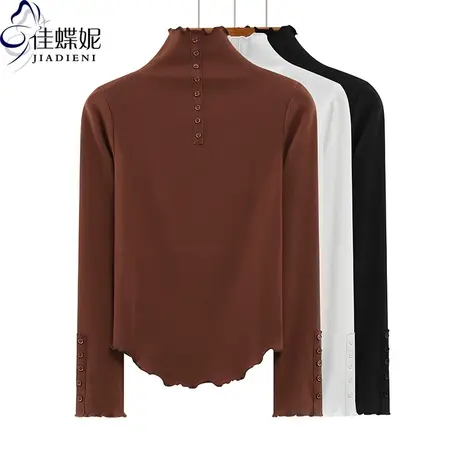 秋冬新款韩高领荷叶边纽扣修身纯棉纯色下摆圆弧长袖上衣内搭女T图片