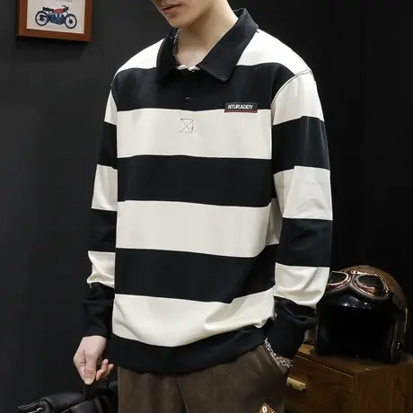 长袖t恤男2023新款秋季纯棉潮牌宽松大码条纹撞色男士POLO衫春秋图片