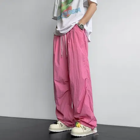 多巴胺穿搭粉色速干伞兵裤男夏季薄款美式潮牌宽松阔腿防晒工装裤商品大图