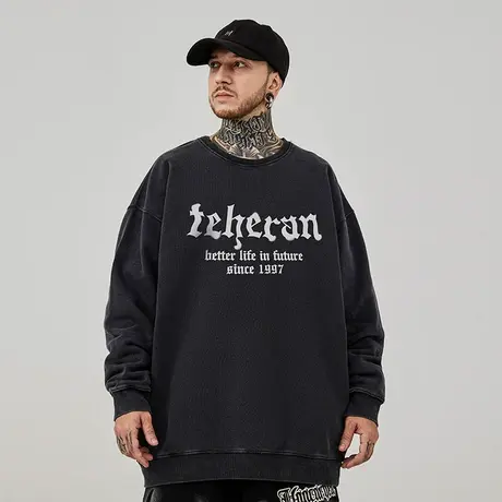 加肥加大码圆领美式重磅复古胖子男装字母宽松水洗做旧卫衣春秋季商品大图