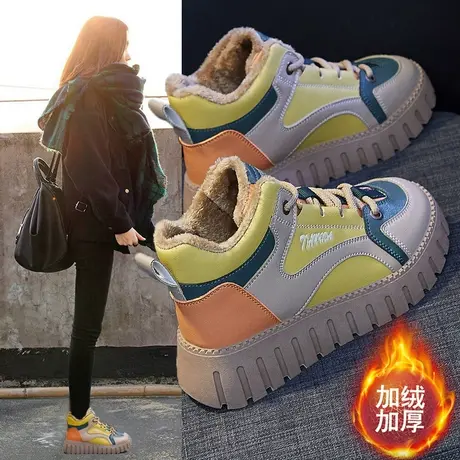 网红复古擦色加绒松糕鞋女2023年秋冬季新款百搭厚底鞋系带高帮鞋商品大图