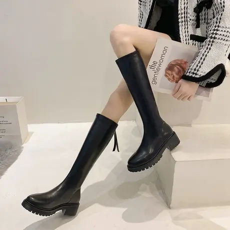 长靴女2023新款秋冬加棉加厚粗跟后拉链百搭不过膝时尚瘦瘦靴高筒商品大图