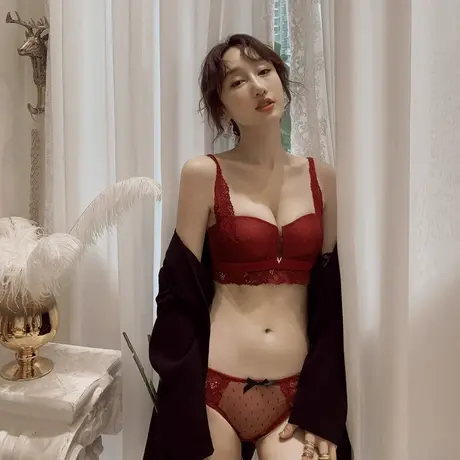 荷韵阁法式蕾丝红色结婚内衣女柔软无钢圈小胸聚拢上托厚文胸套装商品大图