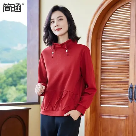 简涵大码女装冬季新款红色卫衣半高领宽松休闲打底上衣图片
