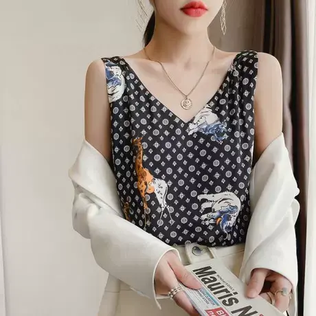 真丝吊带背心女内搭职业装小西装打底缎面桑蚕丝V领上衣春夏外穿商品大图