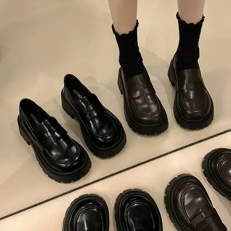 小皮鞋女春秋季厚底女鞋2024新款乐福鞋懒人一脚蹬英伦风粗跟单鞋商品大图