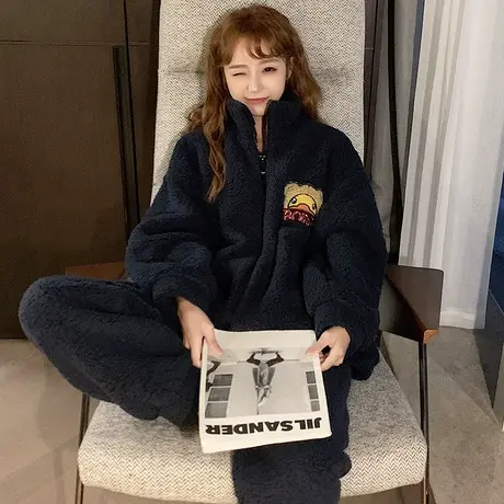 珊瑚绒睡衣女拉链款秋冬季加绒加厚法兰绒2023新款家居服套装冬款图片
