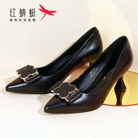 红蜻蜓女鞋春秋新款羊皮尖头高跟中跟单鞋舒适透气通勤职场女单鞋图片