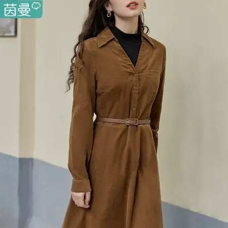 茵曼灯芯绒衬衫连衣裙女长袖2023秋季新款纯棉收腰裙子打底长裙图片
