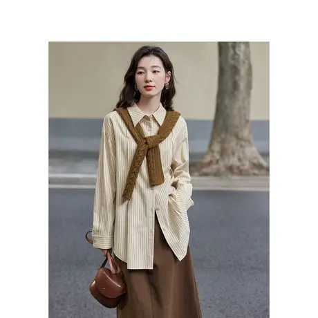 茵曼法式设计感前片打褶毛织披肩条纹衬衣2023秋女装新款落肩上衣图片
