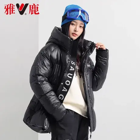 雅鹿黑色亮面羽绒服女短款2022冬季休闲宽松面包服时尚外套高端潮商品大图