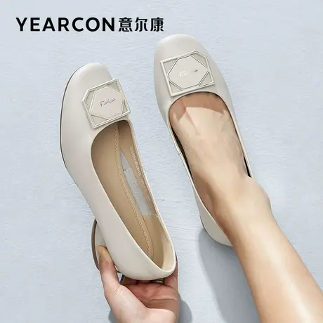 意尔康女鞋2023年春季新款真皮中跟单鞋女方头浅口粗跟工作小皮鞋商品大图