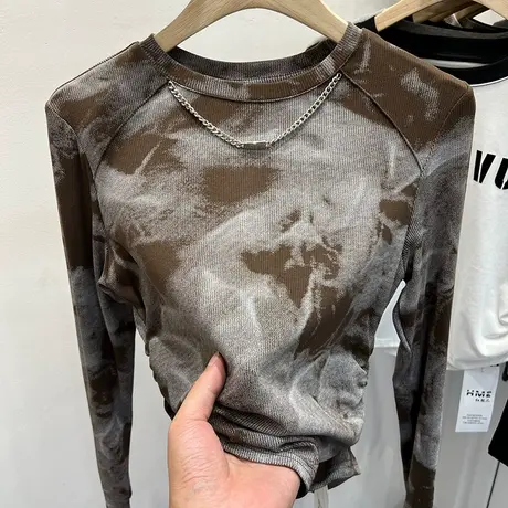 设计感拼色扎染项链长袖T恤女2023早秋新款洋气褶皱打底小衫上衣商品大图