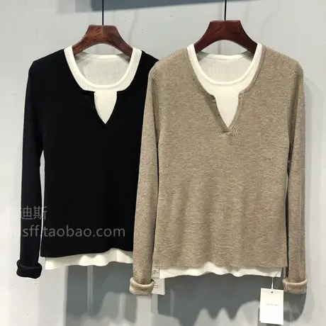 2023秋装韩国新款弹力修身V领撞色拼接假两件针织衫上衣女套头潮商品大图