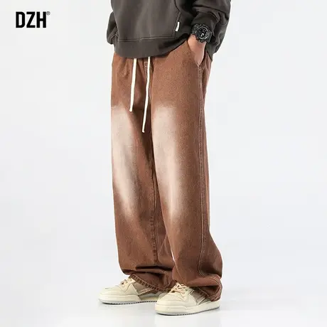 男士咖啡色水洗牛仔裤男直筒潮牌复古裤子2023新款休闲裤宽松长裤商品大图