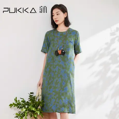 蒲PUKKA 桑蚕丝文艺复古印花连衣裙2025夏季新短袖显瘦气质裙图片