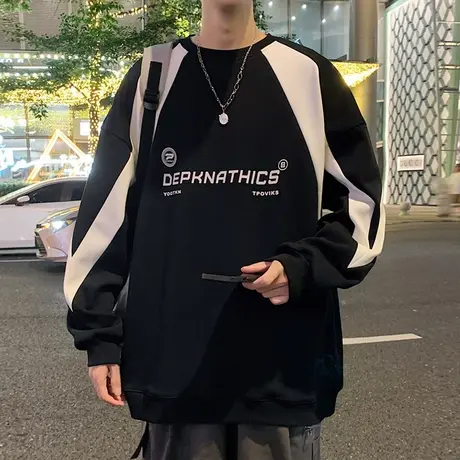 港风大码菠萝格拼色卫衣男oversize春秋季新款宽松休闲圆领上衣服商品大图
