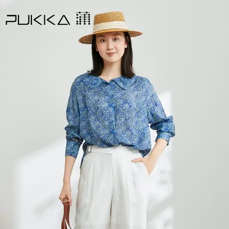 蒲PUKKA 苎麻印花衬衫女2023春季新款荷叶领设计感碎花上衣商品大图