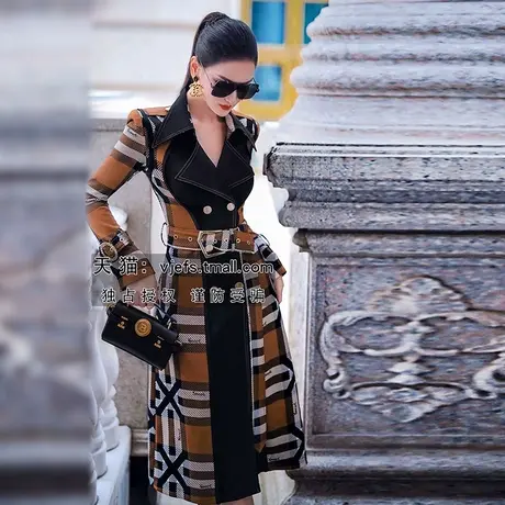 VJE春秋印花英伦风外套女新款收腰撞色设计感拼接中长款风衣图片