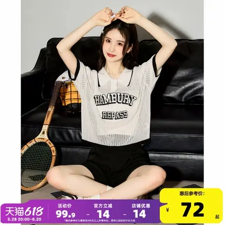 唐狮2024夏季新款女翻领毛针织衫学院风短袖镂空设计宽松上衣cz图片