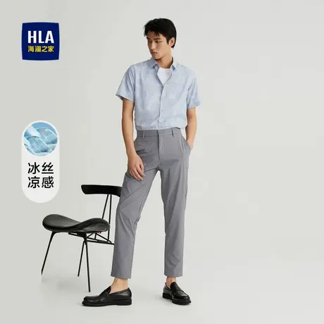 【奥莱】海澜之家冰丝系列凉感衬衫时尚印花尖领休闲短袖衬衣男图片