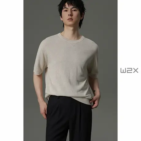w2x夏季圆领纯色针织短袖T恤男日系百搭休闲半袖时尚凉感透气体恤商品大图