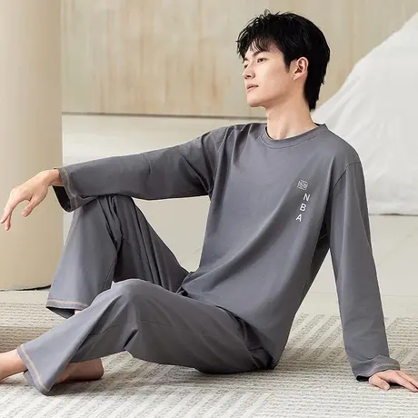 浪莎睡衣男士春秋款长袖青少年纯色休闲大码可外穿家居服爸爸套装商品大图