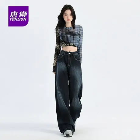 唐狮美式松弛垂感深蓝色渐变直筒牛仔裤女秋新款高腰宽松阔腿裤AX商品大图