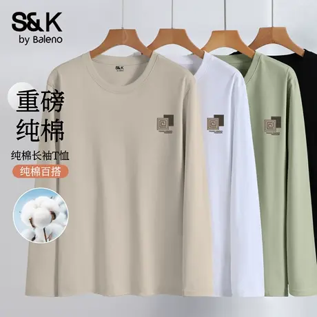 班尼路S&K系列正肩打底衫男款秋季卡其色纯棉上衣宽松圆领长袖t恤图片
