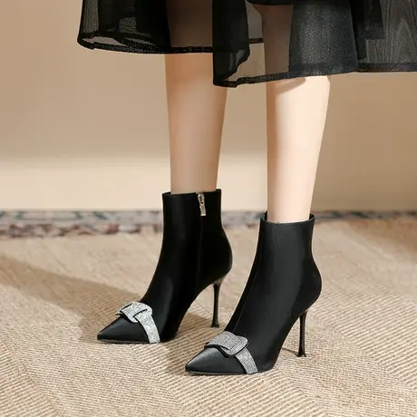 细跟短靴女2023新款秋冬季加绒尖头性感显瘦短筒靴法式水钻瘦瘦靴商品大图