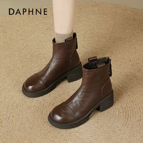 达芙妮棕色靴子女2025新款秋季切尔西瘦瘦靴英伦风马丁靴高跟短靴商品大图