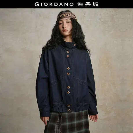 设计师款佐丹奴牛仔夹克女装明线大口袋立领宽松牛仔外套18375810商品大图