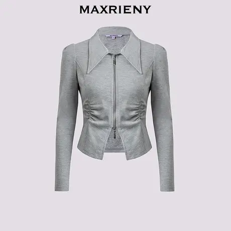 【奥莱】MAXRIENY格雷系穿搭翻领拉链衬衫女收腰截短长袖上衣商品大图